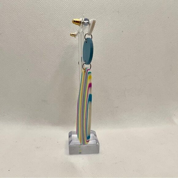 Boho Style Lightweight White Blue Soft Clay Statement Drop Earrings Stripes - Picture 12 of 12